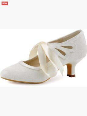 Lace Mary Jane Pumps with Ribbon Tie, 2 Inch Heel, Closed Toe Wedding Shoes